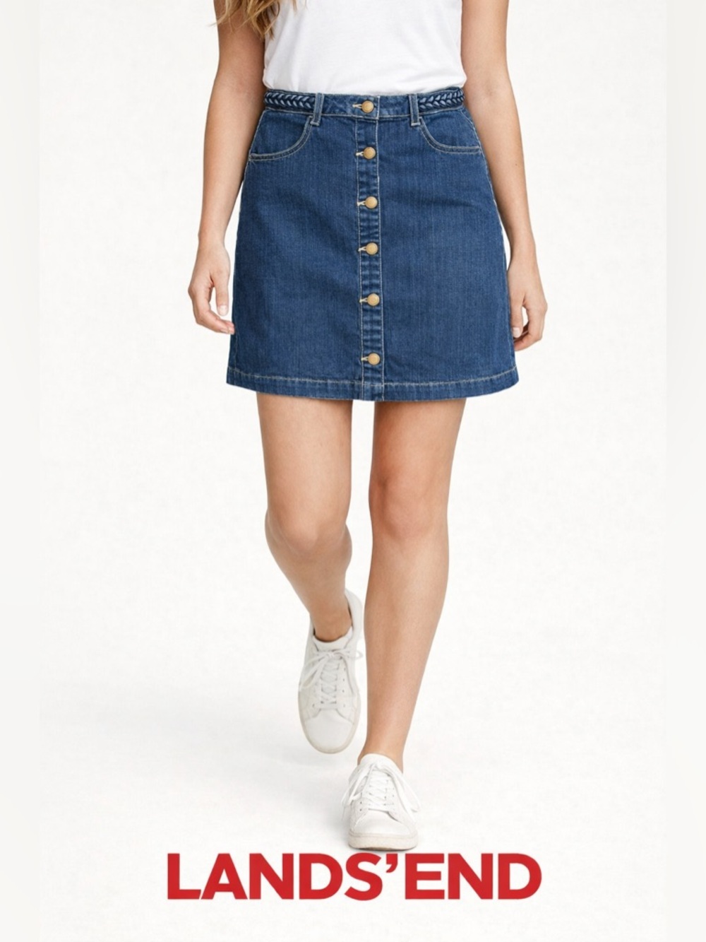 Lands' End Blue Denim Skirt with Gold Buttons